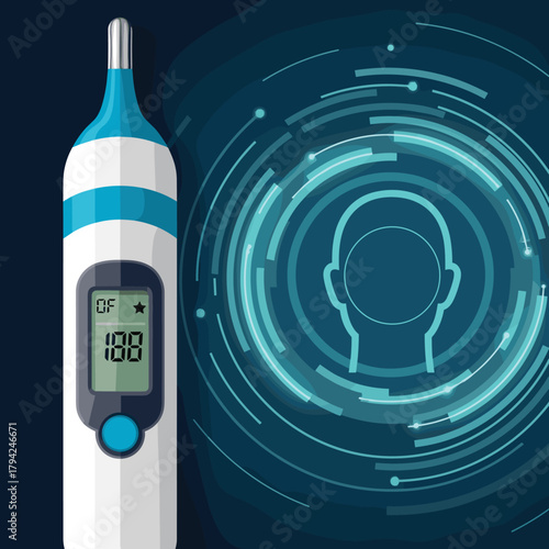 Modern digital medical thermometer shown next to a futuristic blue tech background with a human head outline for temperature scanning.