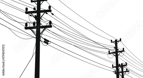 Silhouette, utility poles, power lines, electrical grid, infrastructure, energy, distribution, insulators, crossarms, urban, network, cables, industrial, voltage, transmis