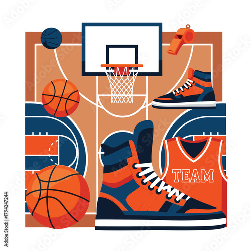 Basketball equipment and apparel collage with basketballs, a hoop, high-top sneakers, a jersey, and a court background design.