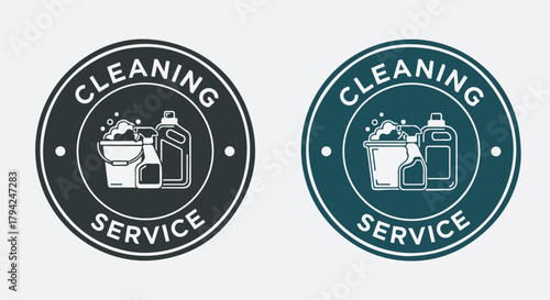 Professional Cleaning Service Logo Vector Badge Set with Bucket and Detergent Supplies