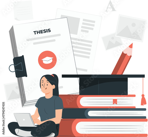 Student with laptop and thesis near graduation cap and books computer