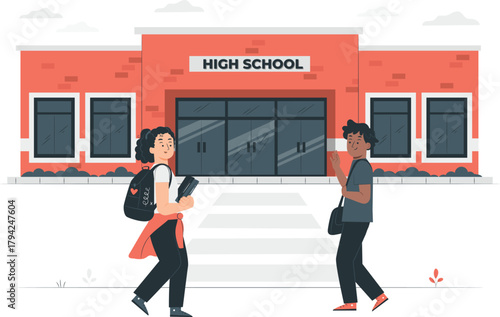 Students walking towards a high school building with backpacks education learning