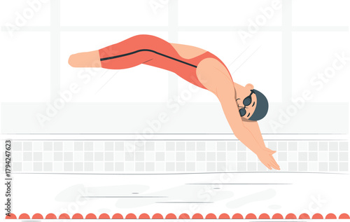 Swimmer diving headfirst into a swimming pool with goggles diver dive