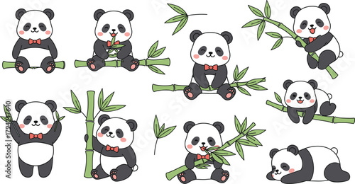 Large Cute Baby Panda Vector Set: Adorable Cartoon Bear Characters Sitting, Eating Bamboo, Sleeping, and Playing, Ideal for Childish Designs and Wildlife Themes