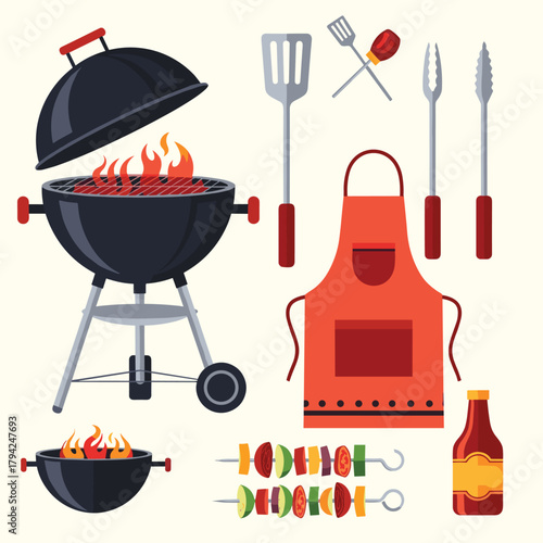 Outdoor barbecue and grilling essentials set, including a charcoal grill, cooking utensils, an apron, and vegetable skewers.