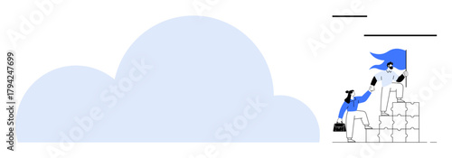 Person in a heroic cape assists another to ascend steps symbolizing support, leadership, growth, teamwork. Ideal for collaboration, mentorship, goal achievement, motivation, empowerment business