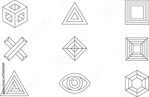Minimalist Geometric Line Art Icon Set: Featuring Abstract Shapes, Impossible Figures, Optical Illusions, and Mystical Symbols like Concentric Triangles and the All-Seeing Eye