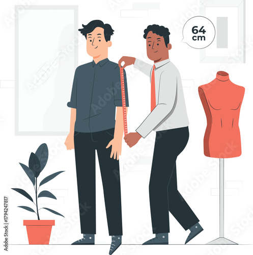 Tailor measuring a man's arm with a tape measure for a suit vector illustration