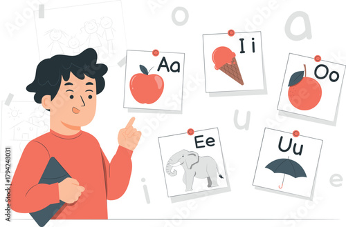 Teacher pointing at alphabet flashcards with images for children vector illustration