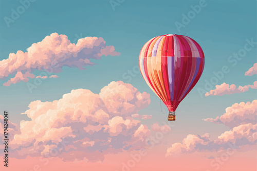 Hot air balloon flying in a pastel sunset sky illustration