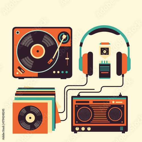 Retro music setup with a vintage turntable playing a vinyl record, connected to a boombox and headphones in a flat design style.