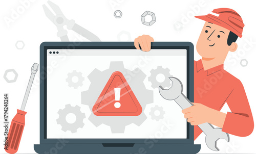 Technician with wrench fixing computer error warning mechanic repair