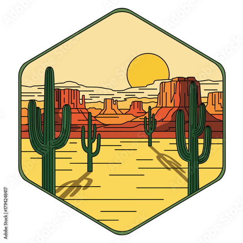 Hexagonal badge illustration of a warm desert landscape with saguaro cacti and distant buttes under a bright yellow sun.