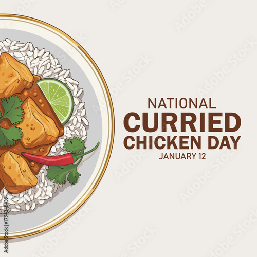 National Curried Chicken Day poster vector illustration. Chicken curry with rice, coriander and chili pepper icon. Chicken Tikka Masala on a plate drawing. January 12 each year.