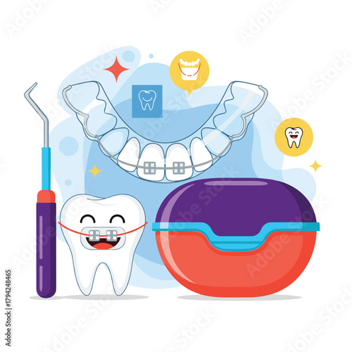 Orthodontic care collection with clear aligners, a cartoon tooth with braces, a retainer case, and a dental pick tool.
