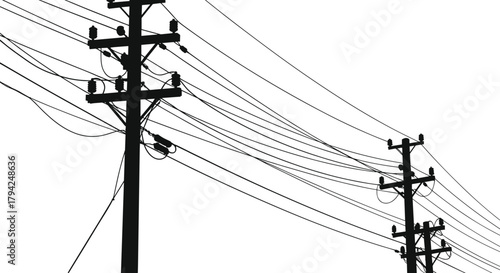 Silhouette, utility poles, power lines, electrical grid, infrastructure, energy, transmission, urban, network, cables, insulators, engineering, distribution, electricity, structure, industrial,
