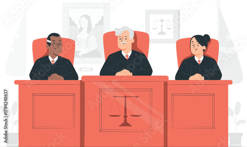 Three judges in black robes sitting at a courtroom bench justice legal