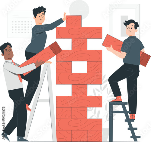 Three men building a tall wooden block tower with ladders teamwork collaboration