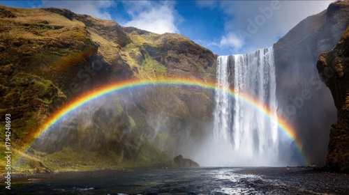 Fototapeta Naklejka Na Ścianę i Meble -  Majestic waterfall cascading down cliffs with vibrant rainbow arching over serene landscape under a bright blue sky