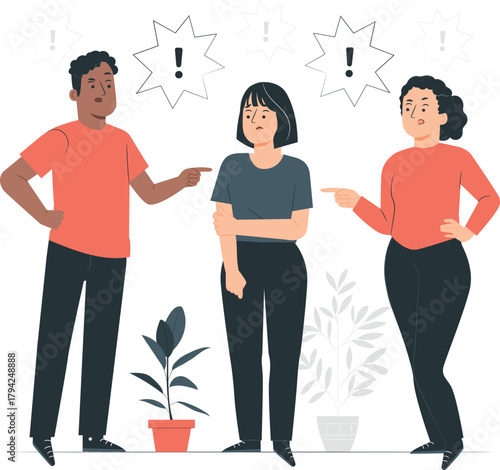 Three people pointing fingers at each other with exclamation marks above their heads argument