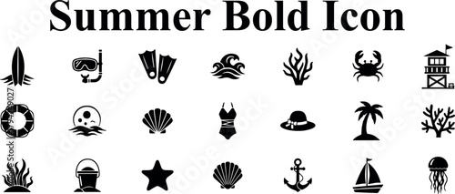 Summer bold icon set with surfboard, snorkel, fins, waves, coral, crab, lifeguard tower, lifebuoy, jellyfish, seashell, swimsuit, hat, palm tree, anchor, sailboat, and more