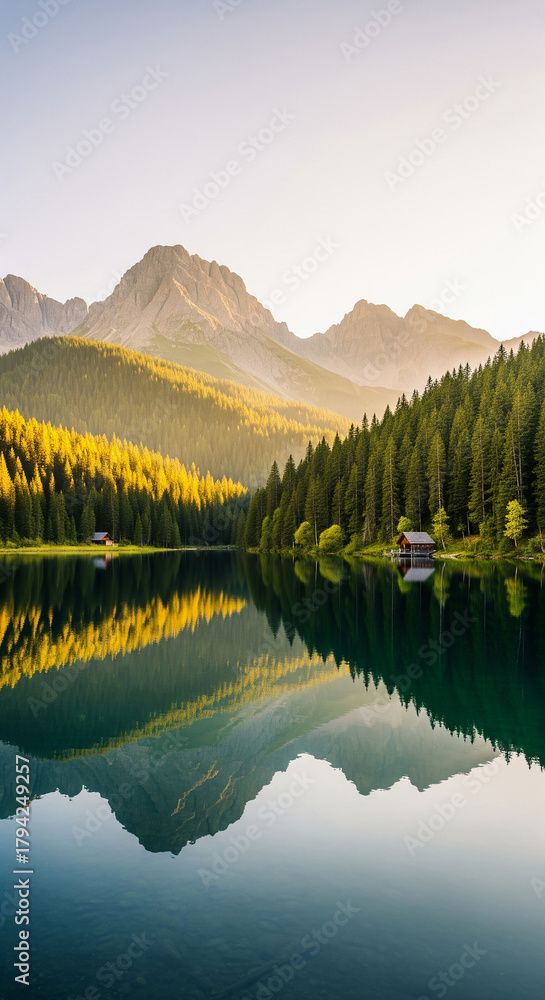Fototapeta premium Tranquil alpine lake with two cabins and golden forest reflections