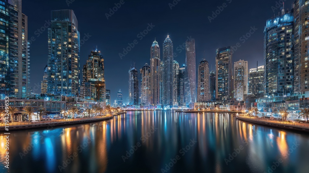 Obraz premium Stunning Night View of Skyscrapers and Reflections in Water in a Modern Urban Landscape