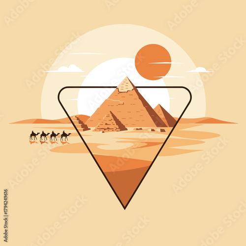 Stylized illustration of the Great Pyramids of Giza in the desert with a camel caravan, framed within a geometric triangle.