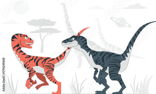 Two cartoon dinosaurs in a prehistoric landscape with planets raptor ancient