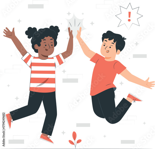 Two children jumping and giving high five kids success