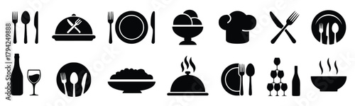 food, dining, restaurant, icon, silhouette, plate, fork, knife, spoon, chef hat, ice cream, bowl, dish, cloche, bottle, wine glass, stacked glasses, steam, cooking, serving, meal, beverage, dessert, k