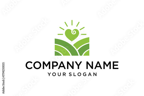 Green heart and layered fields logo with sun rays for organic agriculture and nature care.