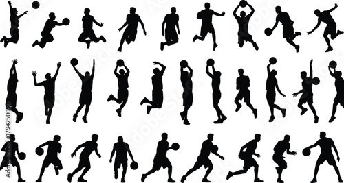 Basketball silhouette, action poses, dribbling, dunking, shooting, passing, jumping, sports motion, athlete movement, black figure, isolated, dynamic, competitive, energetic,