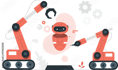 Two industrial robot arms building a small robot robots industrial robots