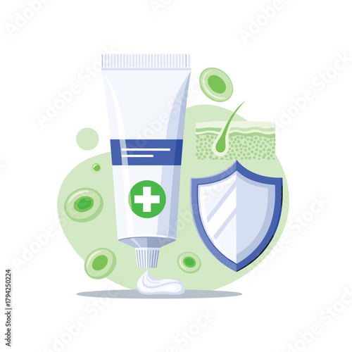 Dermatological skin care concept showing a tube of medicated cream with a shield and a diagram of skin layers for protection.