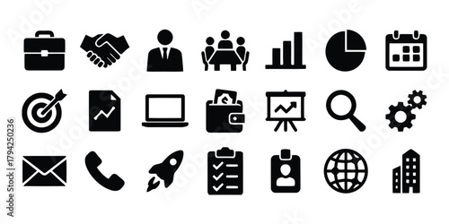 money, analytics, work, investment, real, icons, success, communication, technology, silhouette, globe, building, planning, envelope, phone, finance, category:, sales, vector, startup, white, manageme