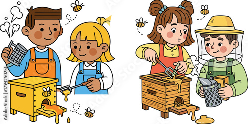 Children harvesting honey from beehives in a fun cartoon beekeeping scene, learning about bees, honey extraction, apiary care, nature education illustration