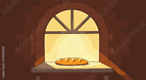 A freshly baked, golden-crusted loaf of bread rests on a warm stone slab within a traditional brick oven, radiating a cozy, inviting glow.