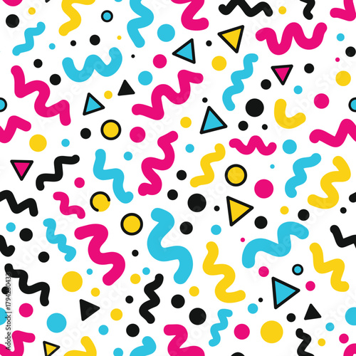 Vibrant and playful seamless 1980s Memphis-style pattern with colorful abstract geometric shapes, squiggles, and dots on white.