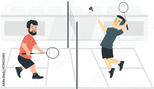 Two men playing badminton on a court sport game