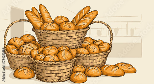 An inviting illustration depicts a generous assortment of freshly baked bread and rustic rolls, beautifully arranged in multiple woven wicker baskets, evoking a bakery.