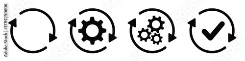 arrows, circular, rotation, repeat, refresh, cycle, process, gears, cogwheel, mechanism, engineering, technology, workflow, icon, symbol, set, black, white background, isolated, loop, movement, connec