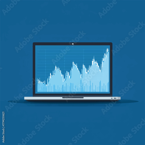 Laptop displaying stock market chart or financial data with blue background
