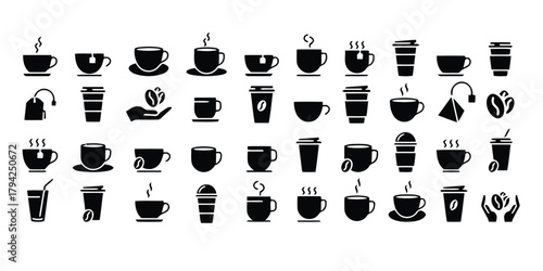 cups, morning, steam, cup, refreshment, collection, icons, items., silhouette, include, design, cup., ceramic, category:, types, hand, vector, white, serving, black, lids, takeaway, arranged, coffee