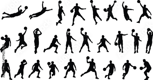 Basketball silhouettes, dynamic poses, dribbling, shooting, dunking, passing, jumping, athletic motion, sports action, black figures, isolated players, competitive energy,