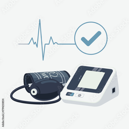 Digital blood pressure monitor with cuff for health checkups, shown with a normal heartbeat EKG line and a checkmark icon.