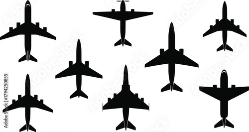 Silhouettes of various airplanes, top view, aircraft comparison, aviation design, commercial jets, military planes, private aircraft, white background