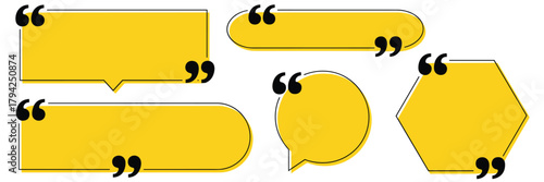 Set of Yellow Speech Bubbles and Quote Boxes with Black Outlines and Quotation Marks text box message