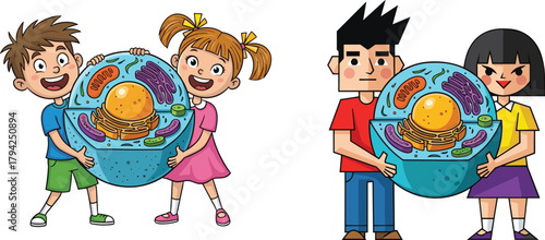 Children holding colorful 3D cell model for science education, showcasing biology learning, teamwork, classroom activity, STEM concept, and school project illustration