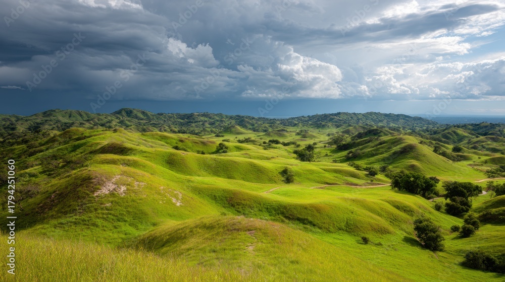 Fototapeta premium Lush Green Rolling Hills Under Dramatic Clouds in a Scenic Landscape with Vibrant Nature and Expansive Skies